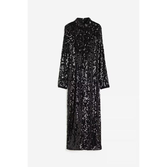 Zara Womens Long Dress Large Black Sequined Long Sleeve High Neck 4772/252 NWOT - Picture 3 of 16